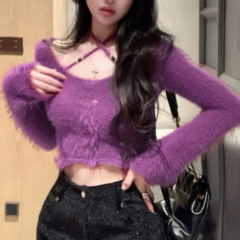 Solid Women Long Sleeves Tops Cross Hanging Neck Slim Sexy Expose Tees Navel Autumn Fashion T-Shirts Female