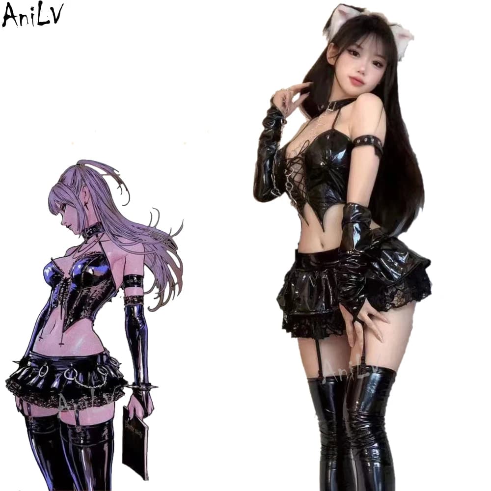 AniLV Anime Devil's City Queen Unifrom Women Cool Girl Punk Cyber Leather Outfits Costumes Cosplay Skirlt Length 22cm