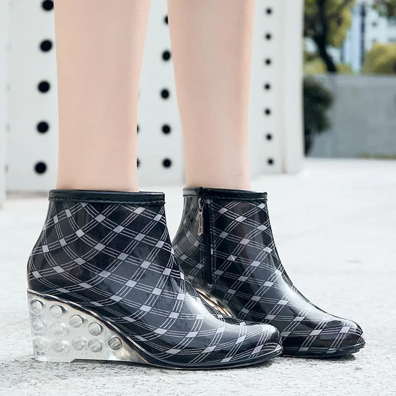 Women's Rain Boots Waterproof Overshoes Female Soft Sole Anti-slip PVC Plastic Shoes Fashion Printed Wedge Heels Zipper Gumboots