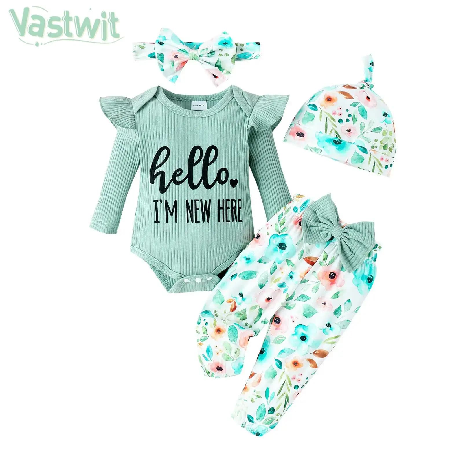 Newborn Baby Girls Autumn Spring Casual Cute Outfit Long Sleeve Romper with Pants Hat Headband for Baptism Party Photography