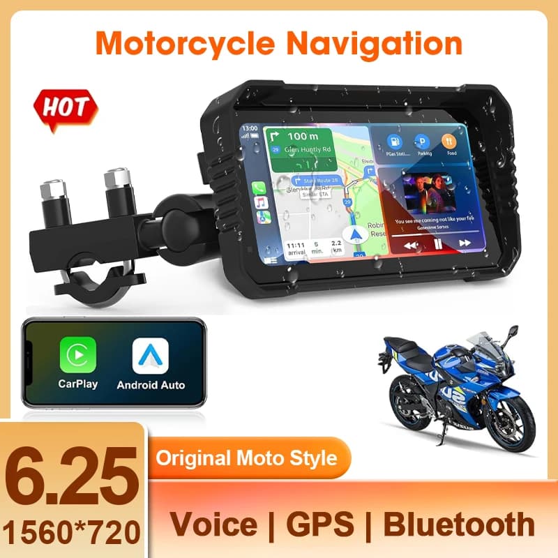 Portable 5"/6.25" IPX7 Waterproof Motorcycle GPS Navigation DVR Carplay Screen for Moto Dual Cameras Drive Recorder Moto Monitor
