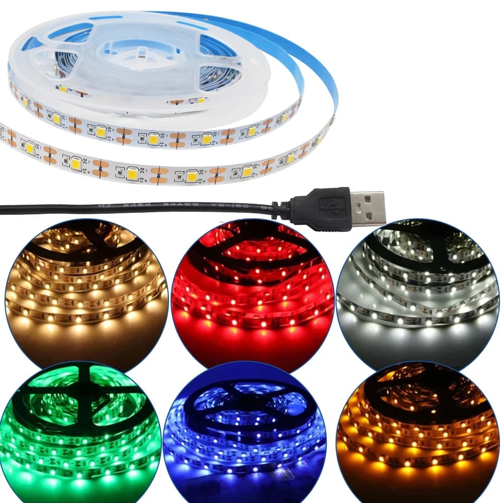 5V Black USB LED Strip Light SMD 2835 Warm White Red Yellow Blue Flexible Lighting Ribbon TV Background Tape Home Decor Lamp
