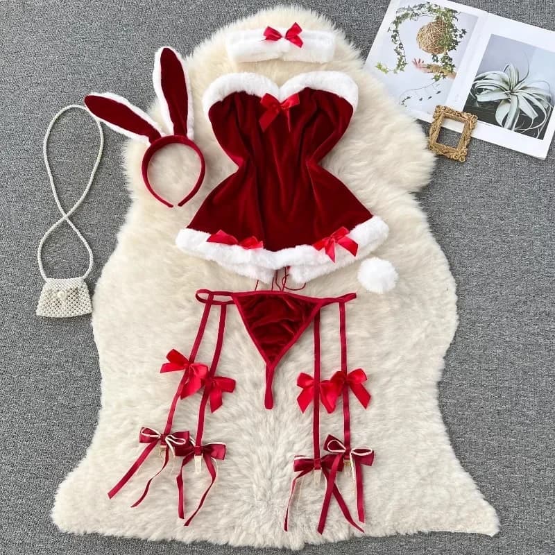 Sweet Red Bunny Lingerie Underwear Set Women Sexy Soft Plush Cute Bowknot Sweet Nightgowns Christmas Rabbit Cosplay Costumes New