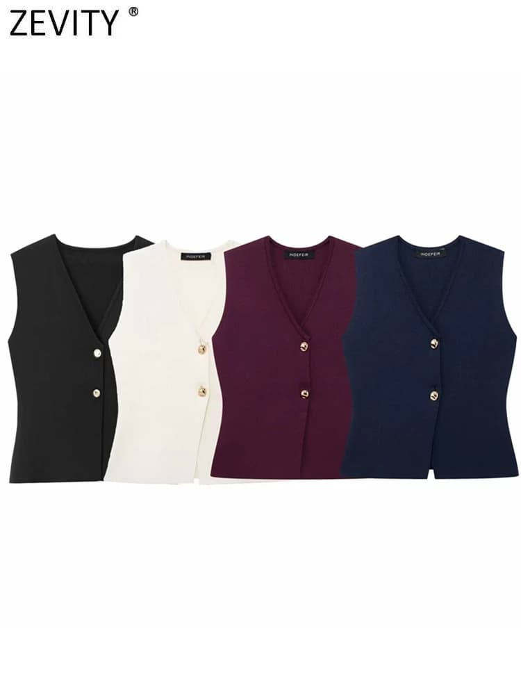 Zevity New Women Fashion V Neck Sleeveless Golden Buttons Knitted Vest Sweater Female Chic Single Breasted Cardigan Tops SW6250