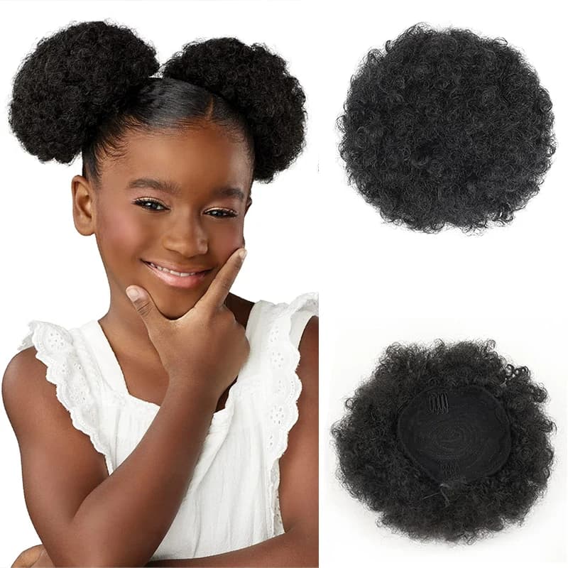 Synthetic Afro Puff Drawstring Ponytail for Little Girls Kids Women 4 Inch Small Hair Buns Kinky Curly Hair Donut Chignon