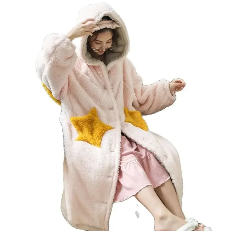 250719003 Winter Women's Warm Robe Coat With Pocket Flannel Plush Bathrobe Striped Long Sleeve Gown Pajamas For Women Sleep Tops