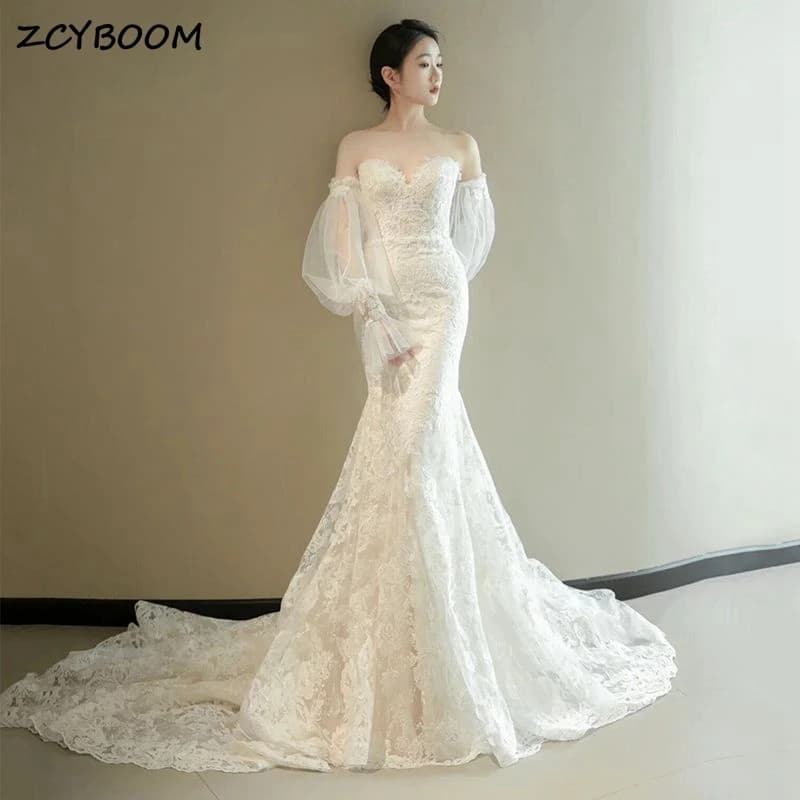 Customized Off The Shoulder Lace Puff Sleeves Mermaid Wedding Dresses For Women 2025 Sweep Train Bridal Gowns Vestidos De Novia