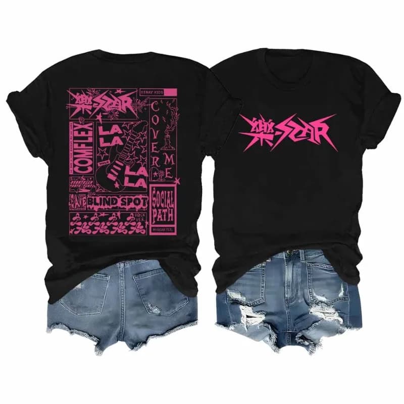 Stray Kids T-Shirt Rock Star Merch Shirt Kpop Short Sleeve Tshirt Stray Kids Rock Elements Pattern Streetwear