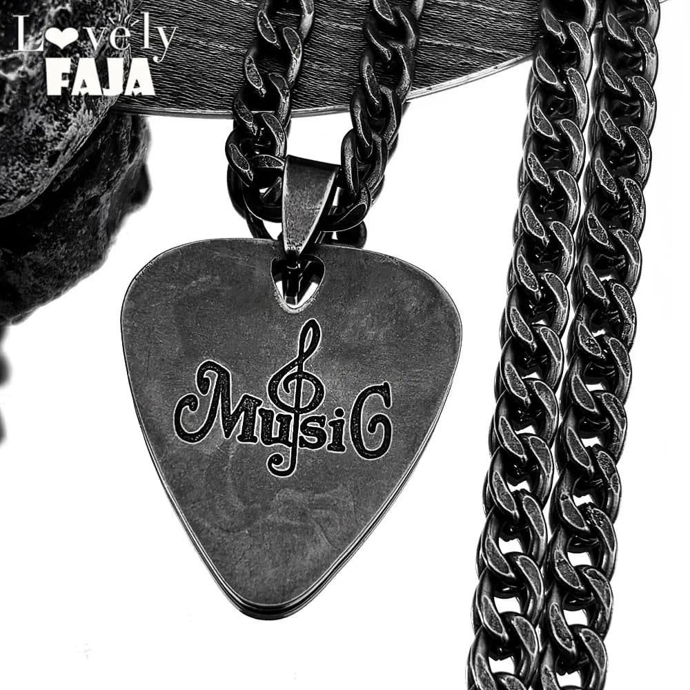 Hip Hop Water Drop Guitar Pick Bass Note Pendant Necklace for Men Stainless Steel Black Color Music Lovers Party Jewelry Gift