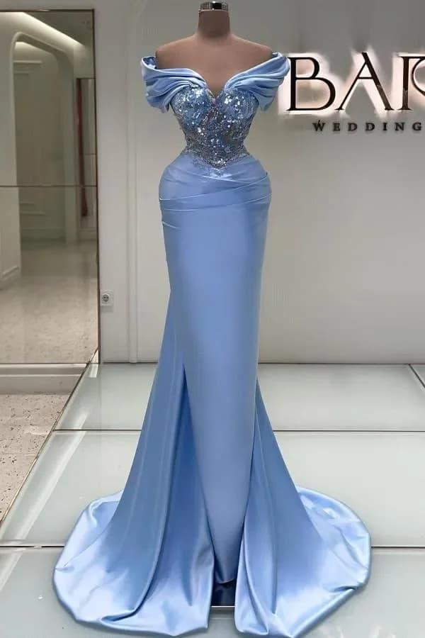 Stunning Sky Blue Arabic Dubai Evening Dresses Sexy Mermaid Off Shoulder Pleats Beads Appliques Prom Gowns Vestidos فستان سهرة