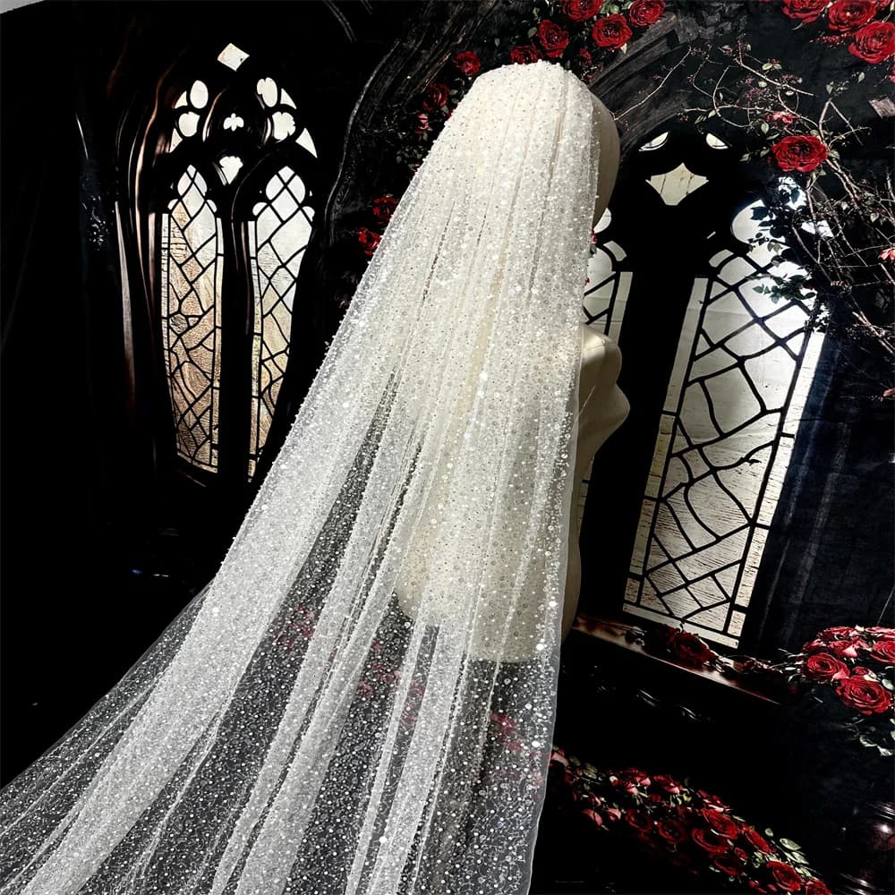 Luxury Wedding Veil Heavy Glitter Beaded Ivory Single Tier 3M Bridal Veil with Sequins Pearls Comb Included
