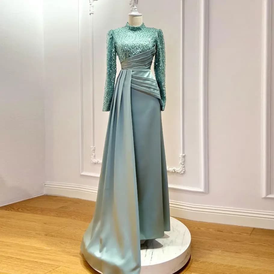 Customized Muslim Formal Dress Long Sleeves Elegant Arabic Evening Gown High Neck Beaded Satin Robes De Soirée Prom Party