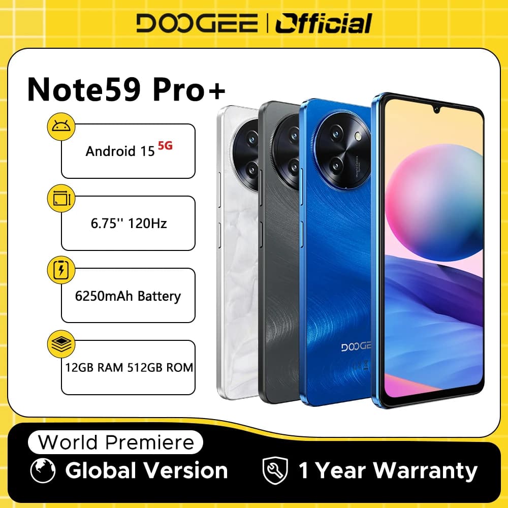 【Brand+】DOOGEE Note59 Pro+ 5G Smart phone Android 15 6250mAh Battery 6.75'' 120Hz Screen 12GB 512GB AI Camera Cell Phone