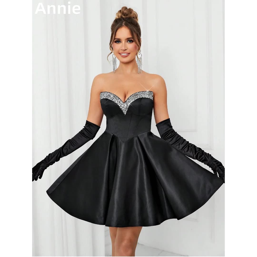 Annie Black Sequins Prom Dresses Wear Gloves Satin Mini Cropped Evening Dresses Coming Of Age Ceremony Wedding Party Dress