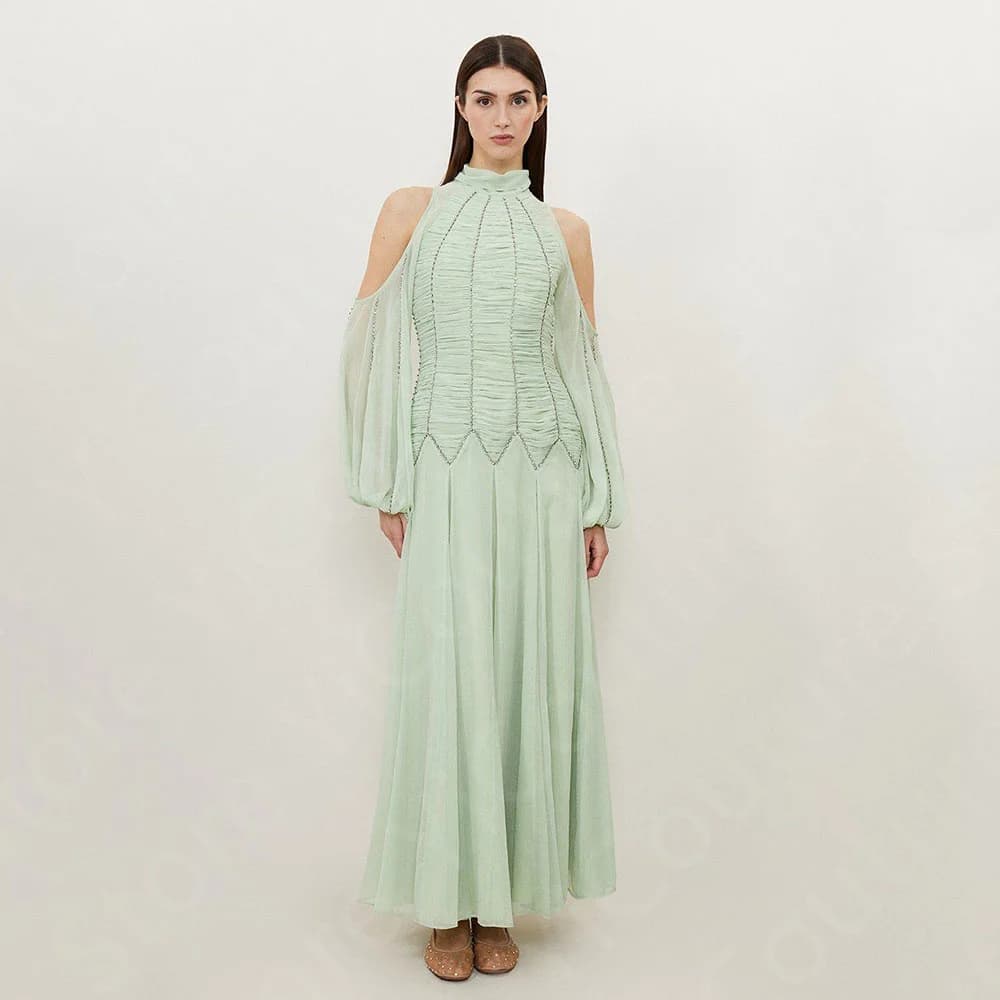 Customized Charming Mint Evening Dresses 2025 Arabic Prom Gowns Off Shoulder Sleeves Wedding Party Dresses High Collar Beading