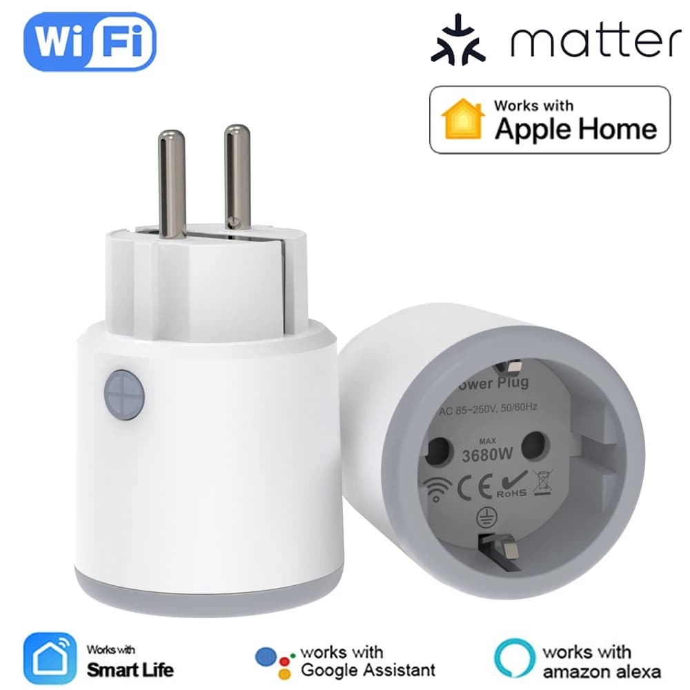 Matter Smart Power Plug Wifi 16A Power Meter Remote Control EU Outlet Works with Tuya Homekit Echo Alexa Google Home Smartlife