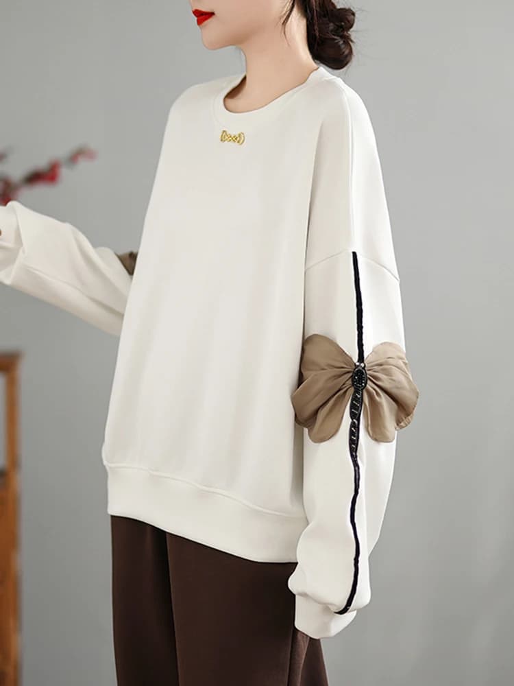 Fashion Oversize Sweatshirts Women 2024 Autumn Winter Patchwork Bow Tops Casual Long Sleeve White Black Pullovers Female Jumper