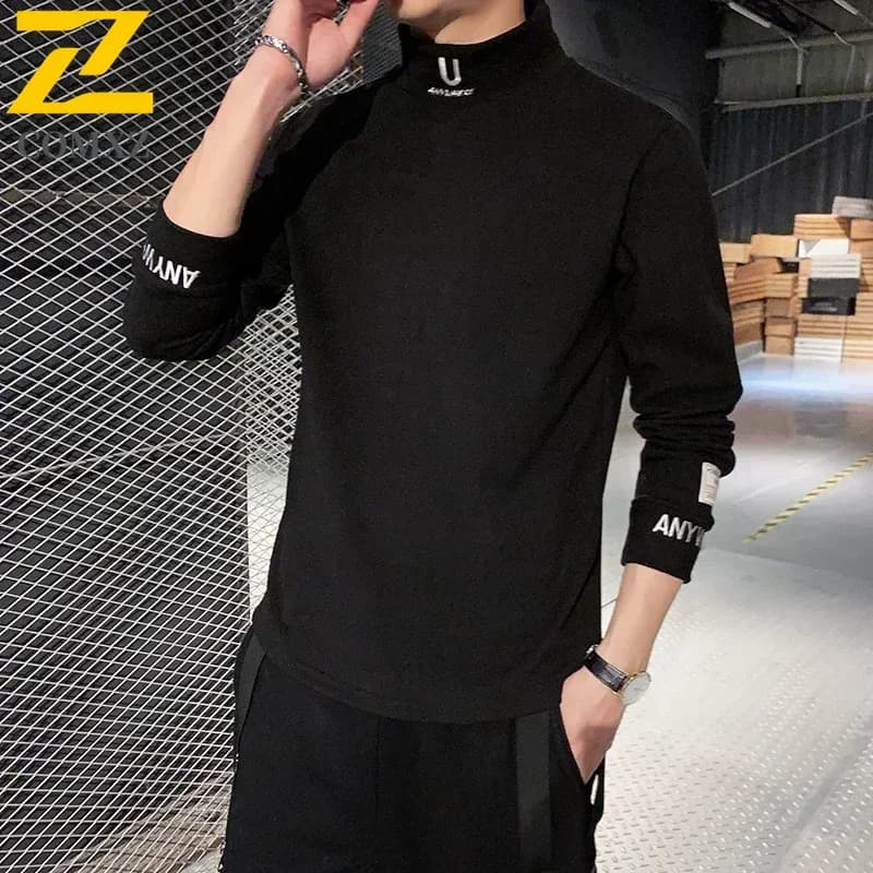 2023 Cashmere T-Shirts Men Long Sleeve Embroidery Letter T Shirt Homme Turtleneck Streetwear Casual T-shirts Male Fashion Tee
