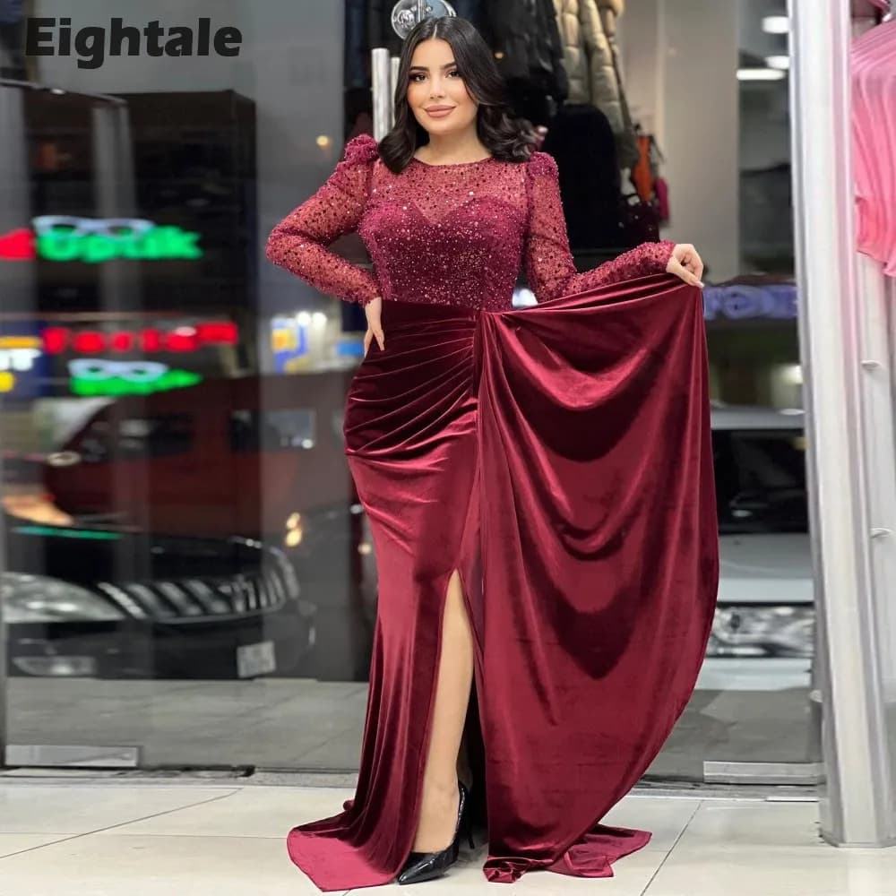 Eightale Luxury Evening Dress Long Sleeves Velvet Mermaid Prom Gown Sparkly Formal Wedding Party Dress Robe De soirée De Luxe