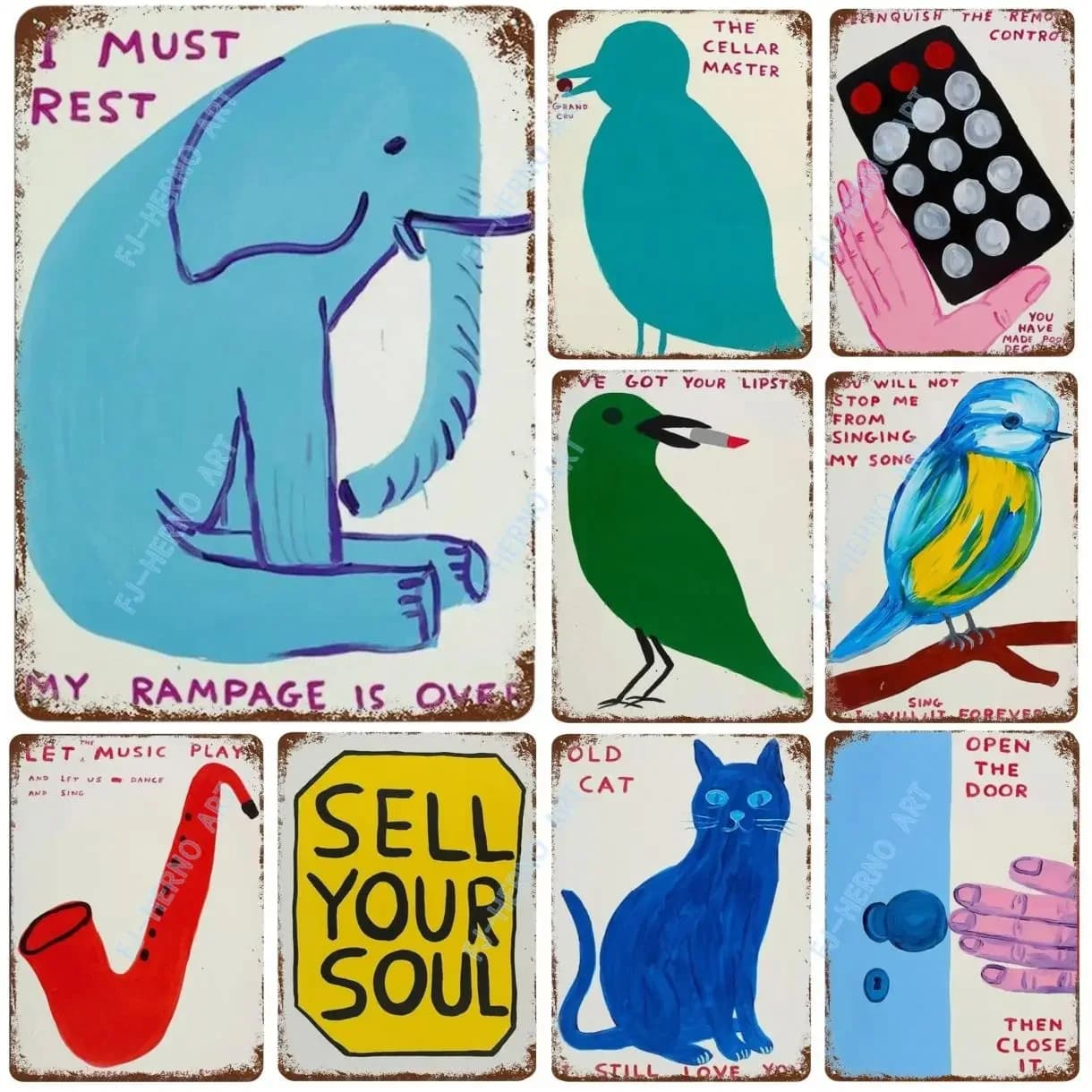 Retro David Shrigley Noodles Bird Cat Elephant Flame Wall Art Nordic Poster Metal Tin Sign Plaque Wall Plates Living Room Decor