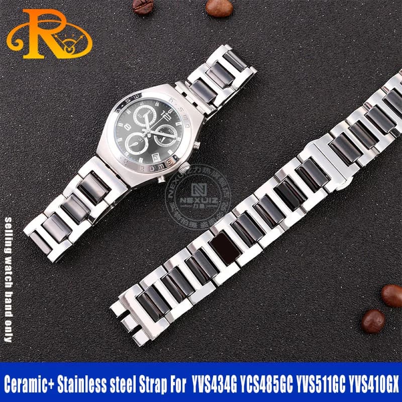 For Swatch Ceramic+ Stainless steel Strap YVS434G YCS485GC YVS511GC YVS410GX Folding clasp bracelet men women watchband 17m 19mm