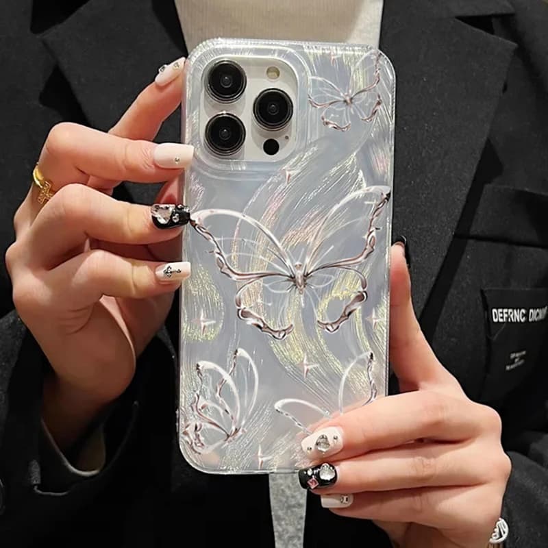 For iPhone 14 13 15 16 Pro Max Case Luxury Laser Silver Butterfly Phone Case for iPhone 16E 11 12 Pro Max XS XR 7 8 16 Plus Case
