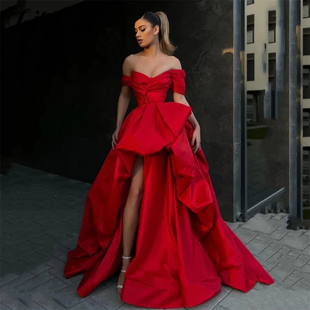 Lily Red Off the Shoulder Prom Dress Side High Split A Line Evening Dress Stain Pleat V-Neck Formal Occasion Dresses Customized