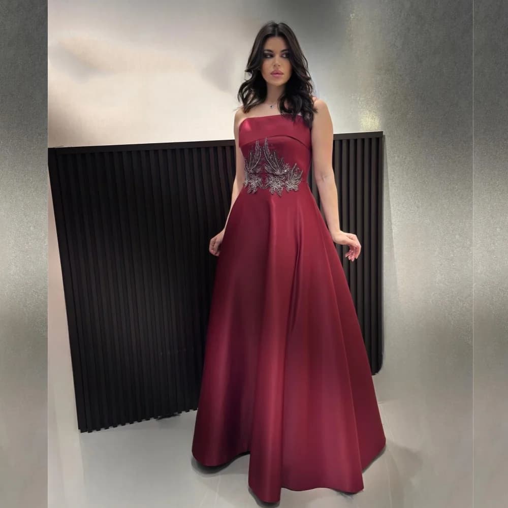 Customized Sparkle Exquisite Satin Sequined Beading Ruched Graduation A-line Strapless Bespoke Occasion Gown Long Dresses