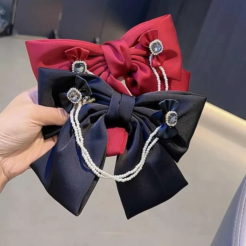 Korean Fashion Ribbon Bow Hair Clips Pearl Tassel Spring Clip Temperament Hairpins Headpiece Hair Accessories for Women