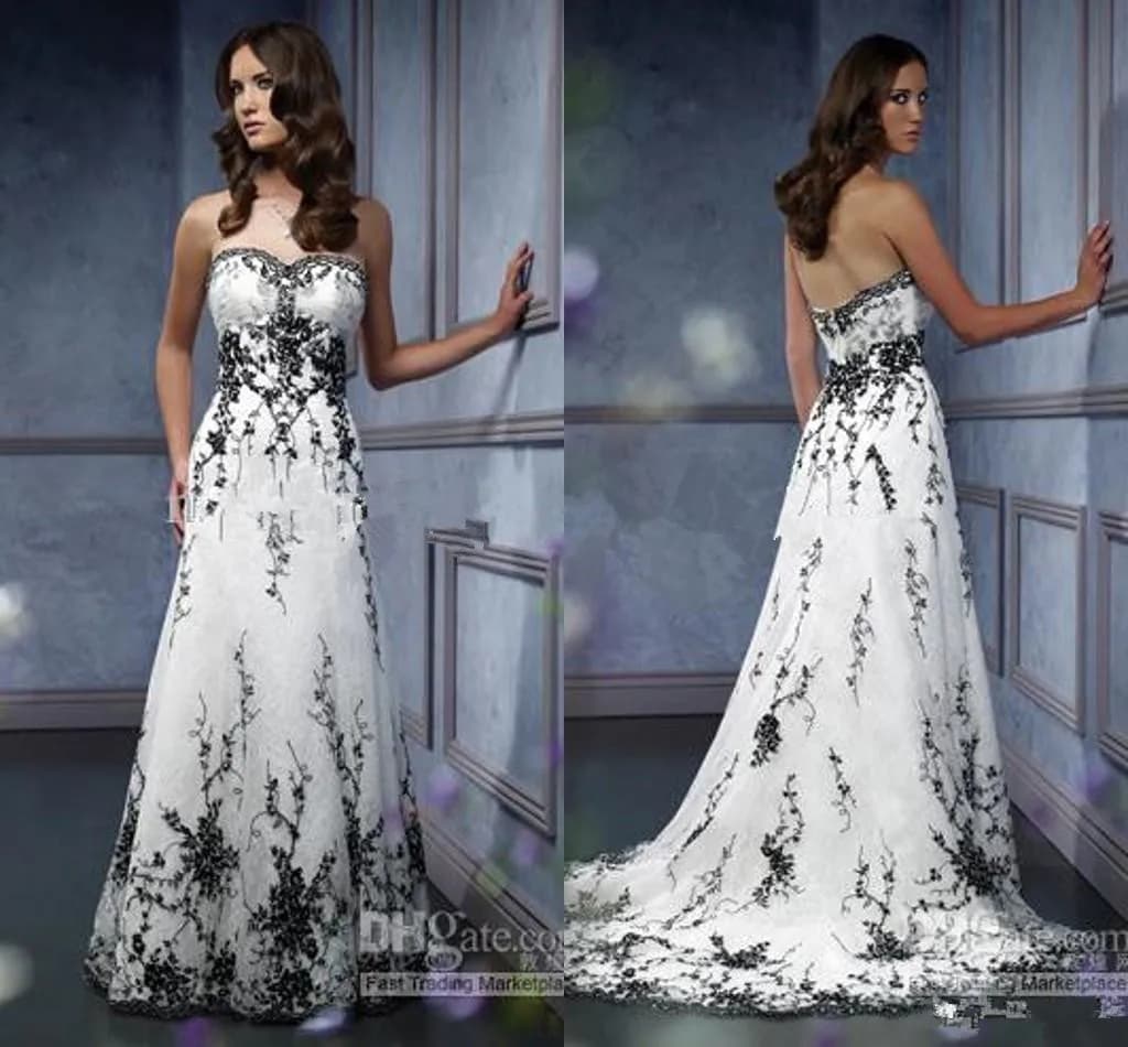 Vintage Gothic Bridal Wedding Gown Plus Size Sweetheart Black Embroidery Accented A line Black And White Wedding Dress