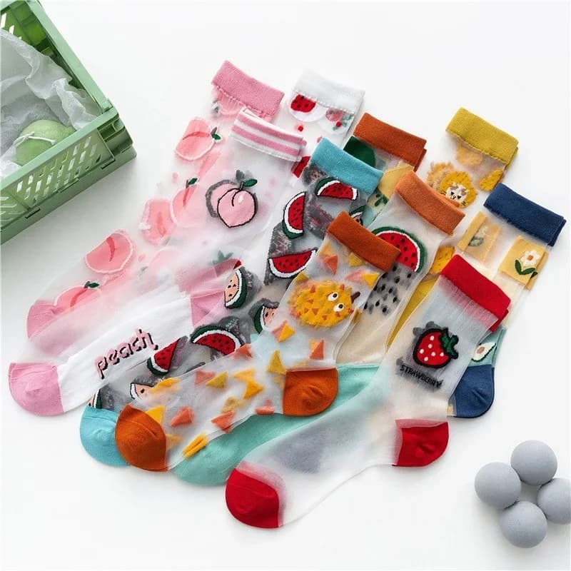 Hot Fashion Fruit Embroidery Crystal Silk Socks Women High Quality Summer Thin Transparent Woman Socks Harajuku Glass Silk Socks