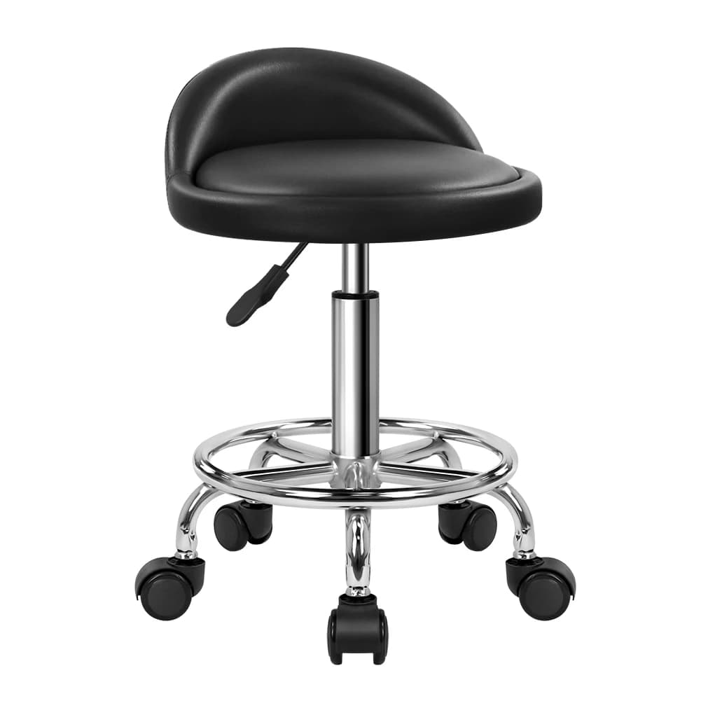 KKTONER PU Leather Round Rolling Stool with Foot Rest Height Adjustable Swivel Drafting Work SPA Task Chair with Wheels (Black)