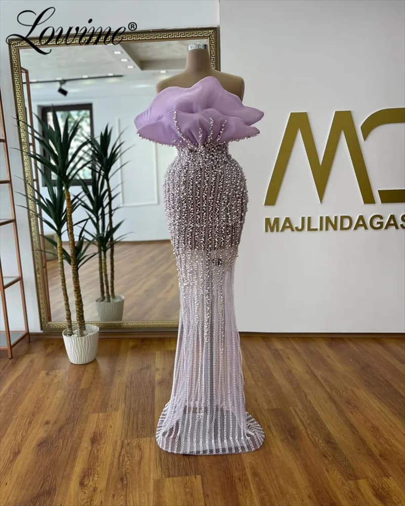 Purple Evening Dress Strapless Mermaid Prom Dresses 2025 Customized Full Beaded Pearls Birthday Engagement Party Dresses Robes