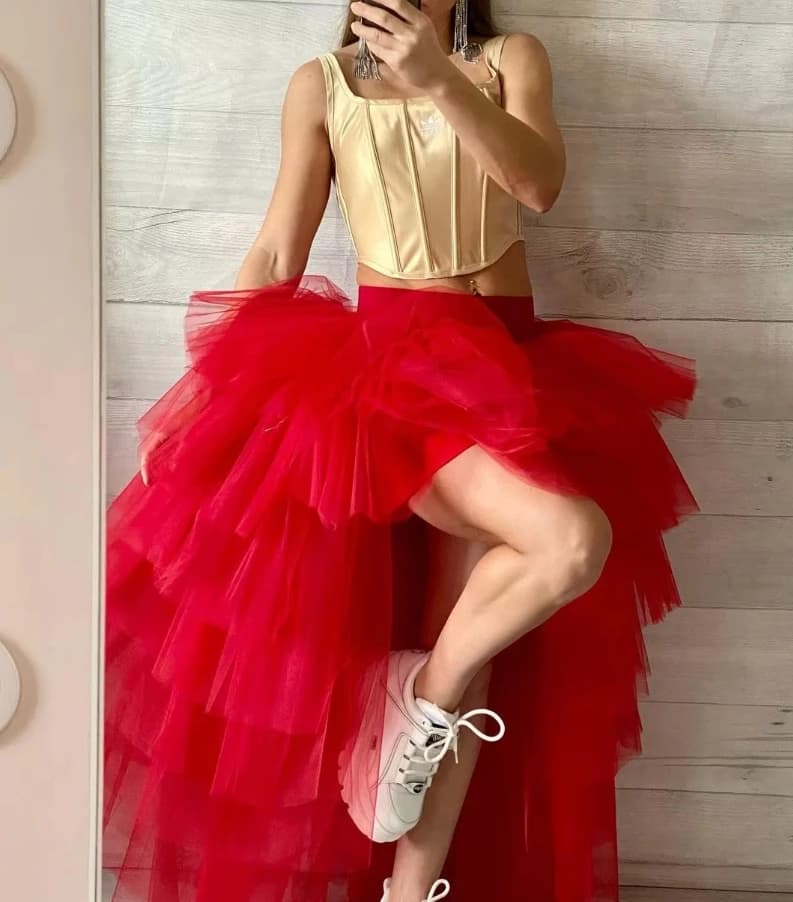 Women Tulle Petticoat Tiered High Low Elastic Waist Tutu Skirts Puffy Long Soft Net Gown Underskirt Prom Maxi Skirt Free Size