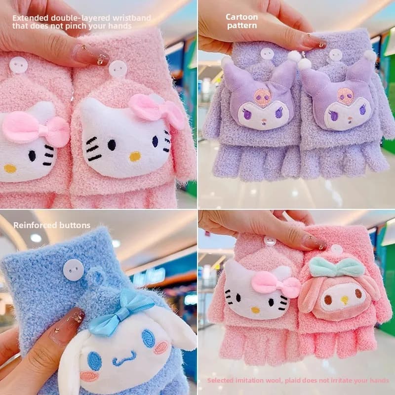 Plush Flip Up Children's Gloves, Cute Women's Knitted Open Finger Coral Velvet Cartoon Gloves, Children's Gloves