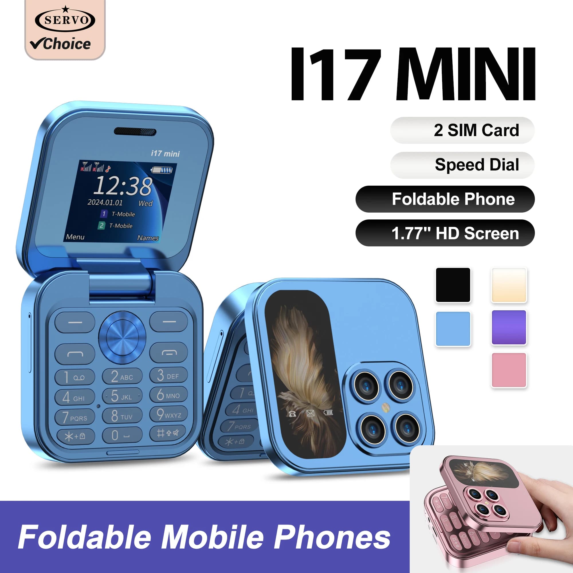 2025 Hot Sale SERVO i17Mini 2G Small Flip Mobile Phone 2 SIM Speed Dial Magic Vioce MP3 Flashlight Mini Fold Cellphone FM Radio
