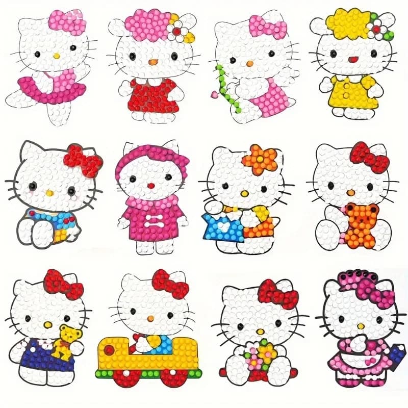 12pcs Cute Sanrio Hello Kitty 5D Diamond Painting Stickers Kits Anime Theme Diamond Stickers Paint By Numbers Kit DIY Stickers