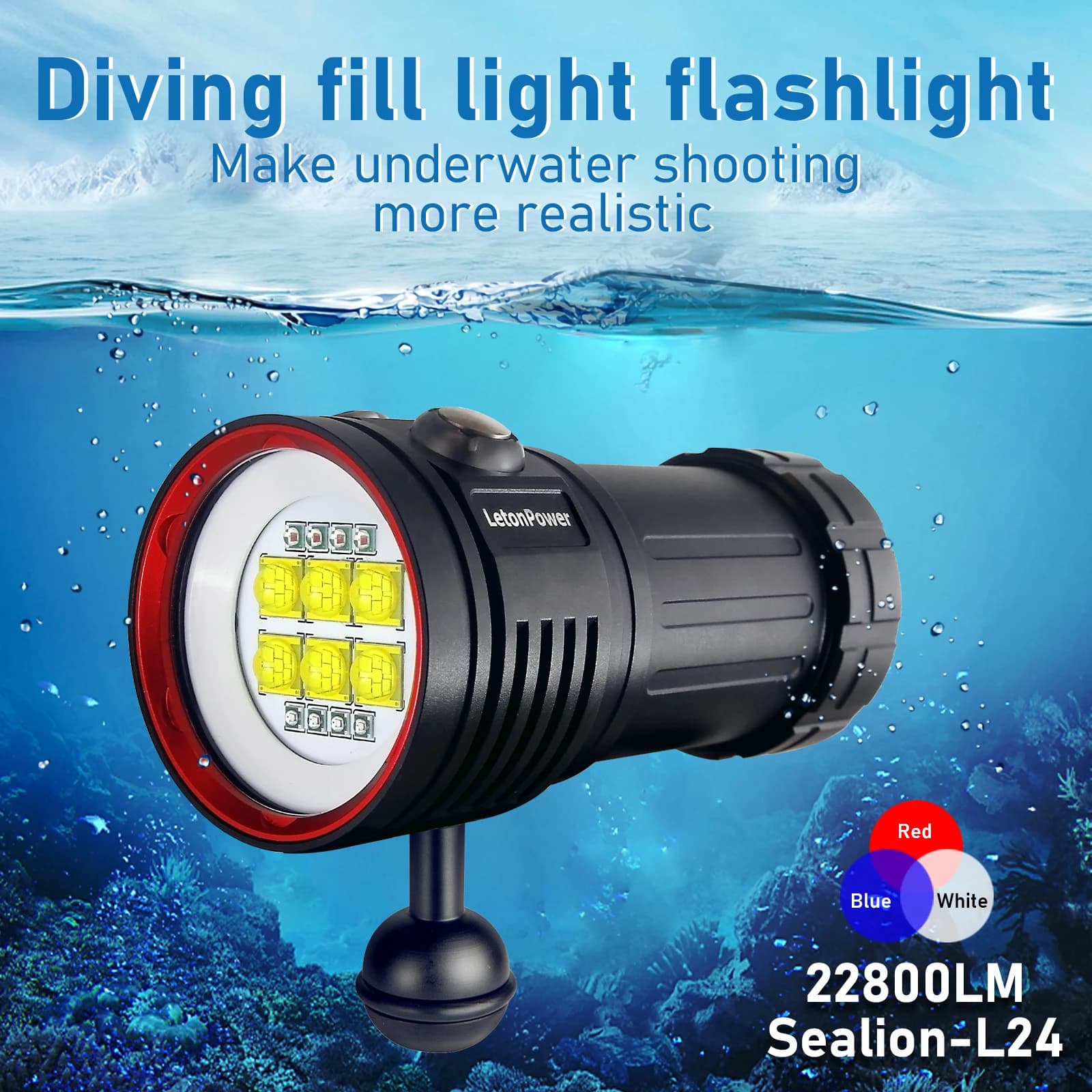 LetonPower Diving Flashlight 22800Lumens rechargeabl Underwater Lighting 100m Waterproof Torch For Photography Video Fill Light