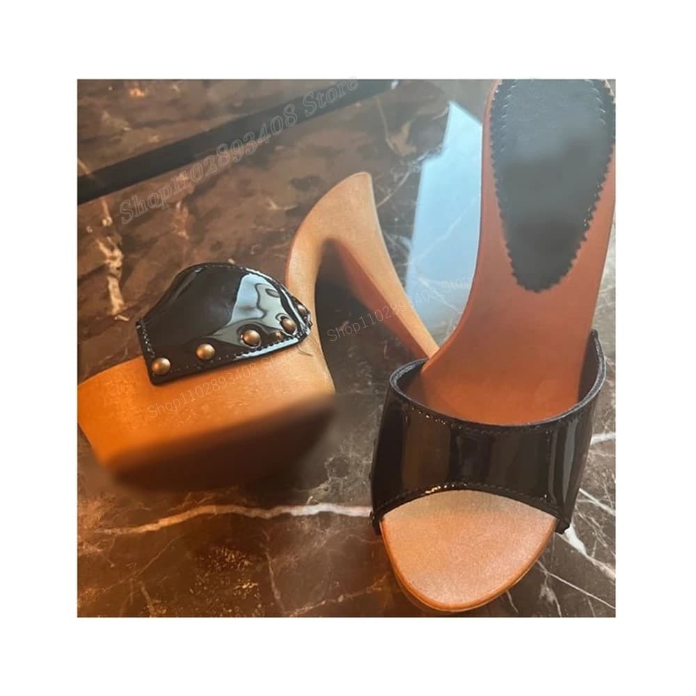 Black Patent Leather Peep Toe Slippers Stiletto High Heel Sexy Concise Slip-on Women Shoes 2024 Summer Zapatos Para Mujere