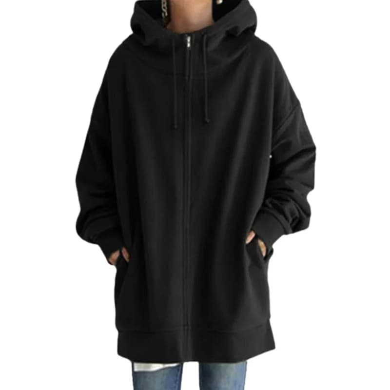 Women Thickened Warm Solid Color Hooded Sweatshirt Double Pockets Zipper Cardigan Hoodie Female Long Outerwear Trend Streetwear