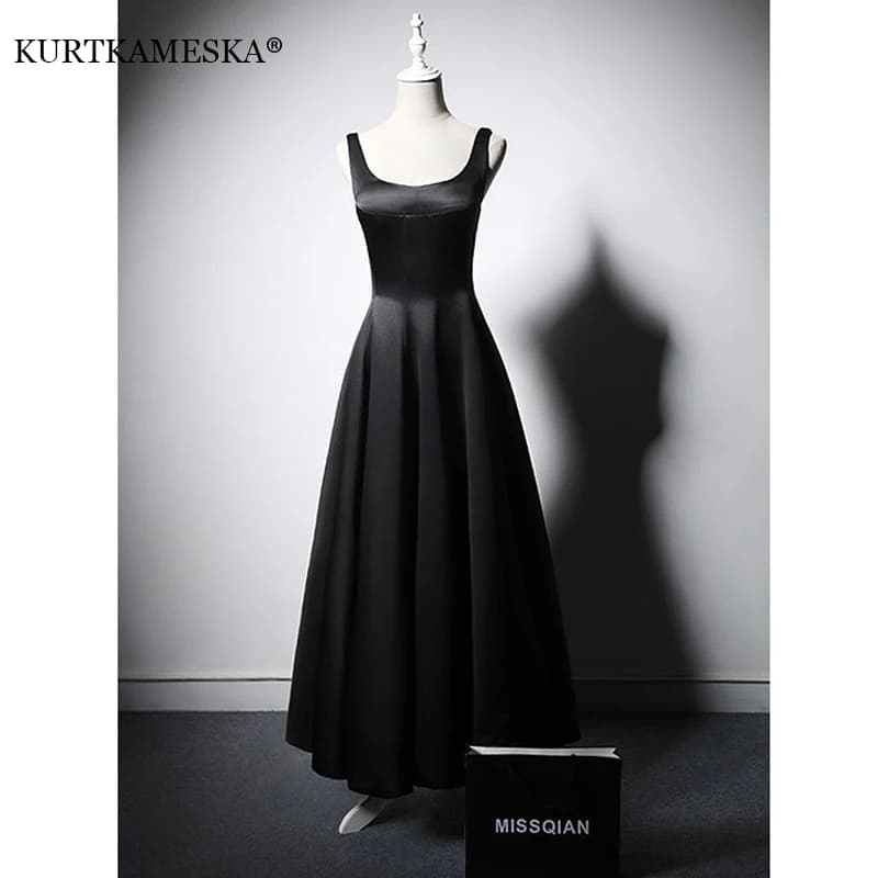 White Satin Long Prom Evening Dresses for Women Summer 2023 French Vintage Celebrity Hepburn Slim Cocktail Formal Black vestido