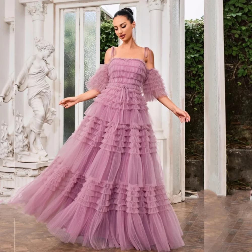 Customized Intricate Matching Tulle Pleat Tiered Draped Sash A-line Off-the-shoulder Long Dresses Cocktail Dresses Elegant Exqui