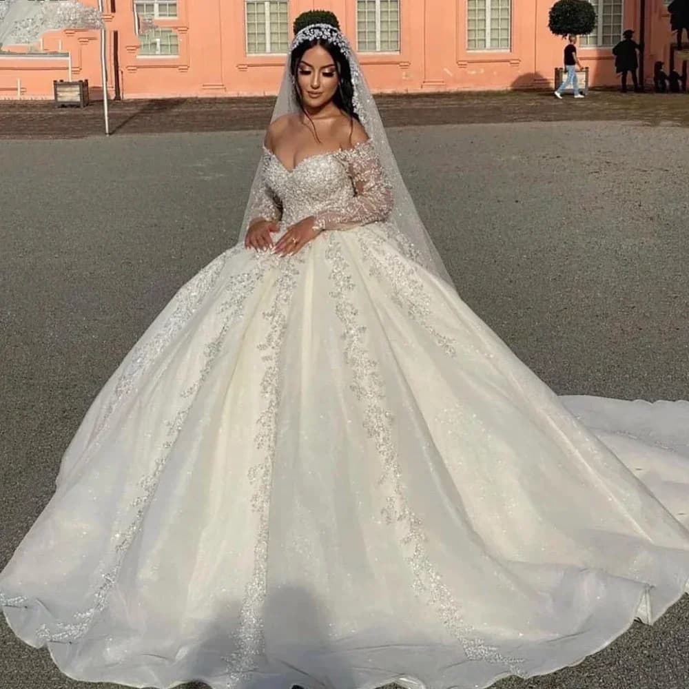 Customized V-neck wedding Dresses Off The Shoulder Sparkly Sequins Bride Gown Ball Gown Long Robe Vestido De Novia 2025