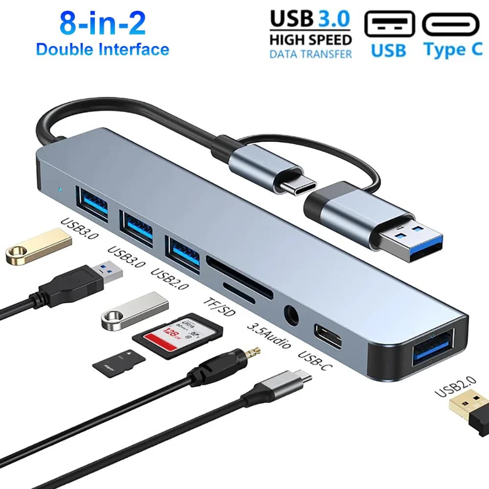 8 Ports USB C HUB USB A TYPE-C HUB Concentrator USB C Docking Station 5Gbps Multi Adapter SD TF Card Reader For MacBook Air PC