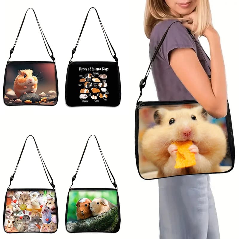Kawaii Hamster / Guinea Pig Pattern Shoulder Bag Women Handbags for Travel Casual Crossbody Bag Phone Holder Messenger Bags Gift