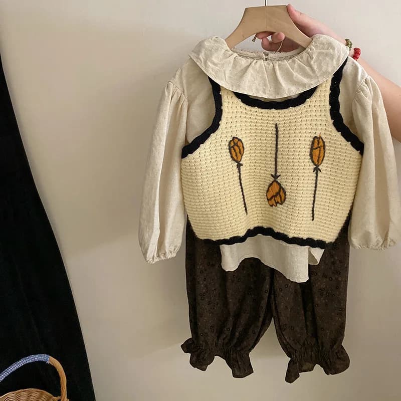 Girls Suit 2024 Autumn New Childrens Wear Korean Style Baby Girl Knit Halter Doll Collar Shirt Two-piece Set Simple Daily