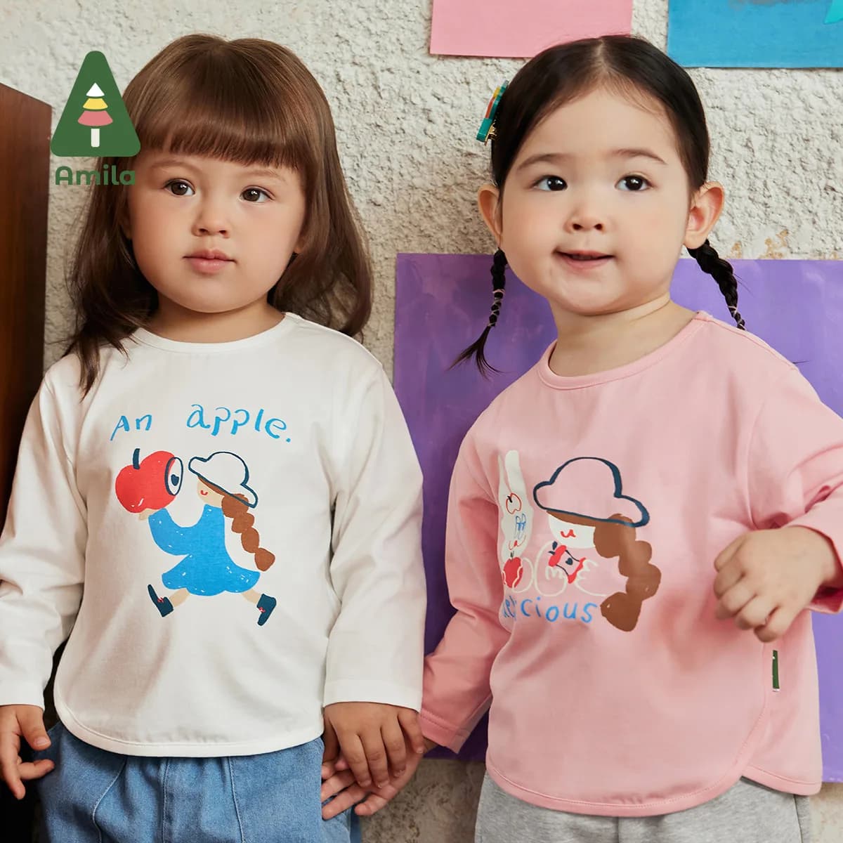 Amila 2024 Spring New Girl's T-Shirt Skin-Friendly Soft and Breathable Cotton Solid Color Cartoon Print Pullover