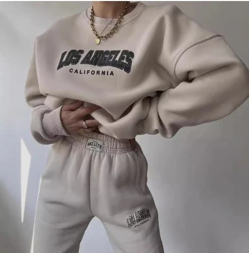 Women's Tracksuit Autumn Printed Thickened Suit with O-Neck Long Sleeve Fleece Hoodie Pullover and Loose Pocket Pants Set