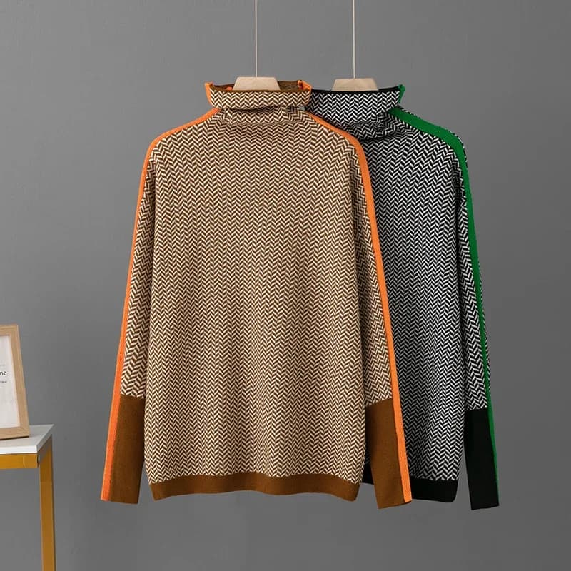 Turtleneck Spliced Stripes Lazy Sweater Women Pullovers Loose and Fashion Pullover Bottom Knitwear Autumn Winter New Sweater