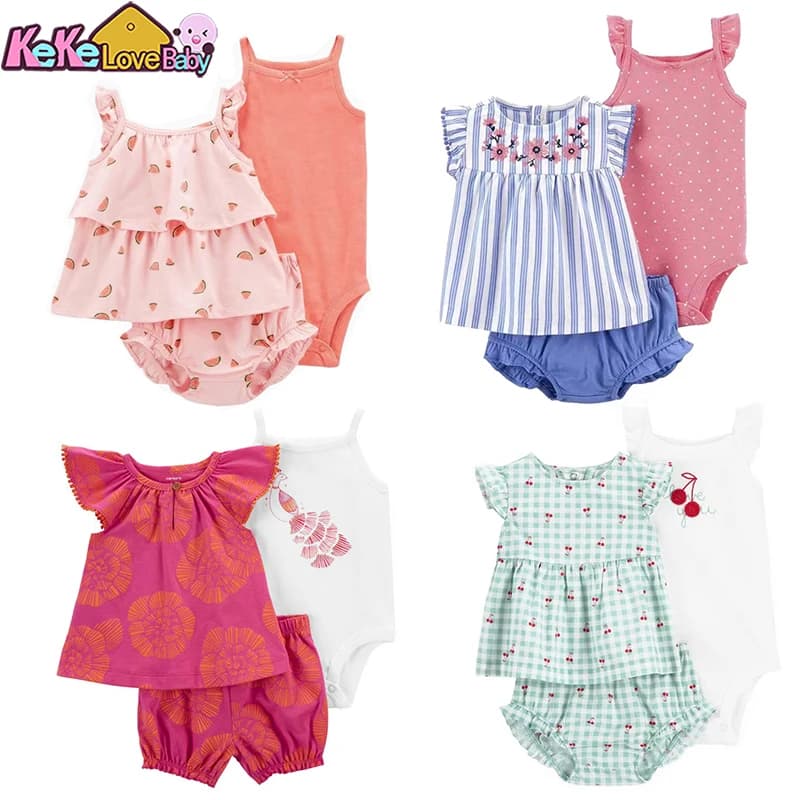 Summer Baby Girls Clothes Set Cotton Flower Fashion Infant Outfits Short Sleeved Bodysuit Shorts 3Pcs kids Clothing 6-24 Months